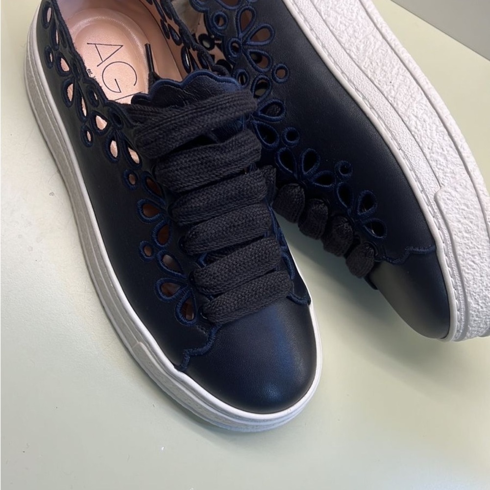 NWT AGL Cutout Leather Platform Sneakers in Black blue stitching Made in Italy - Picture 4 of 9